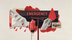 Photo collage of a red-tinted blood bag hanging from a drip stand, a hand holding a blood vial, another hand holding a droplet-shaped piece of paper with a puzzle piece drawn on it, and a vintage post stamp that says 
