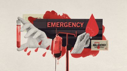 Photo collage of a red-tinted blood bag hanging from a drip stand, a hand holding a blood vial, another hand holding a droplet-shaped piece of paper with a puzzle piece drawn on it, and a vintage post stamp that says "giving blood saves lives". In the background, there is a fragment of a hospital building with an emergency sign on it, and a cloud of red liquid dispersing in water. 