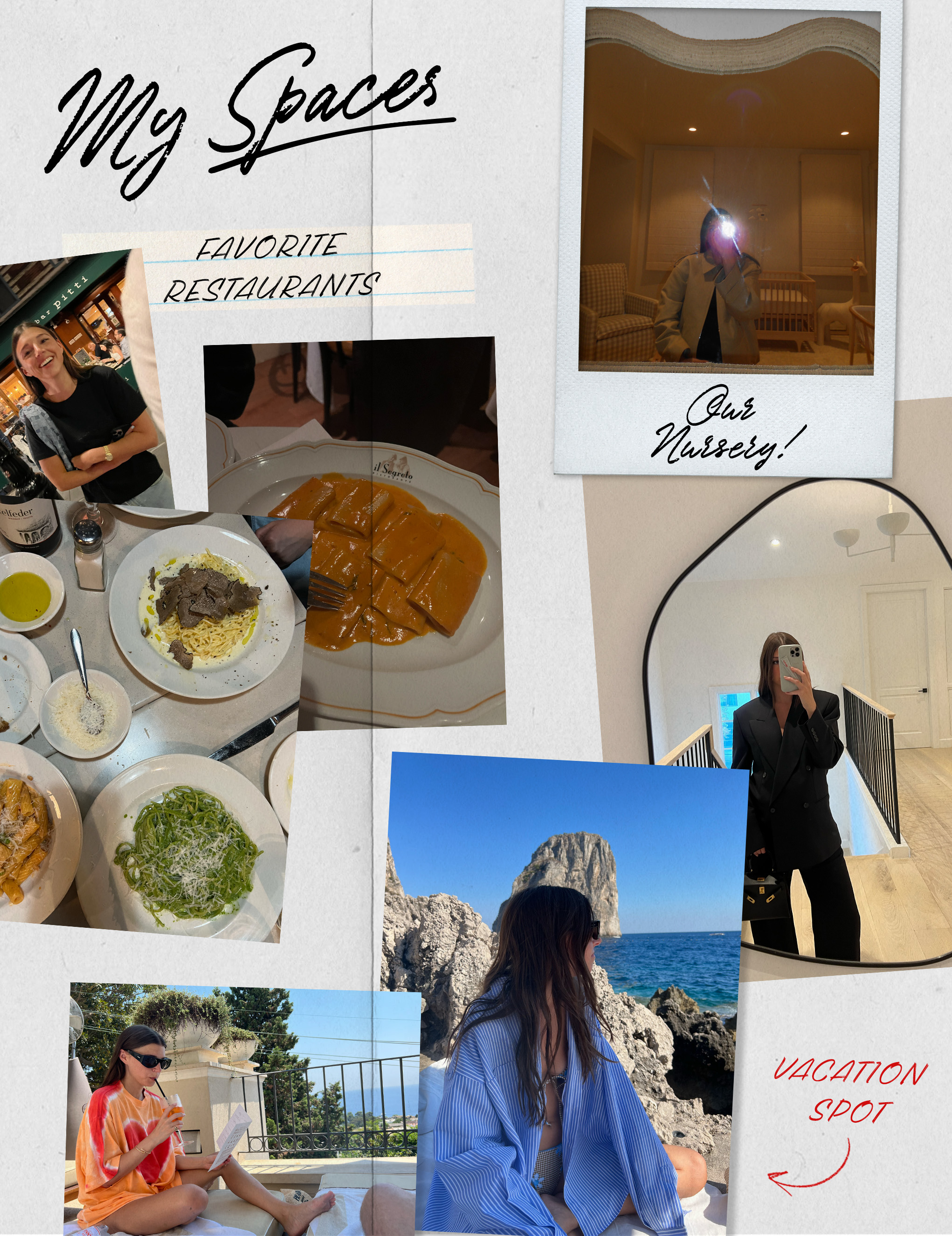 Collage of Lauren Ratner eating at restaurants and traveling.