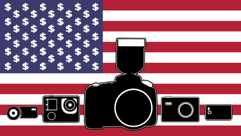 USA flag, with dollar signs replacing stars, with a camera silhouetted on top