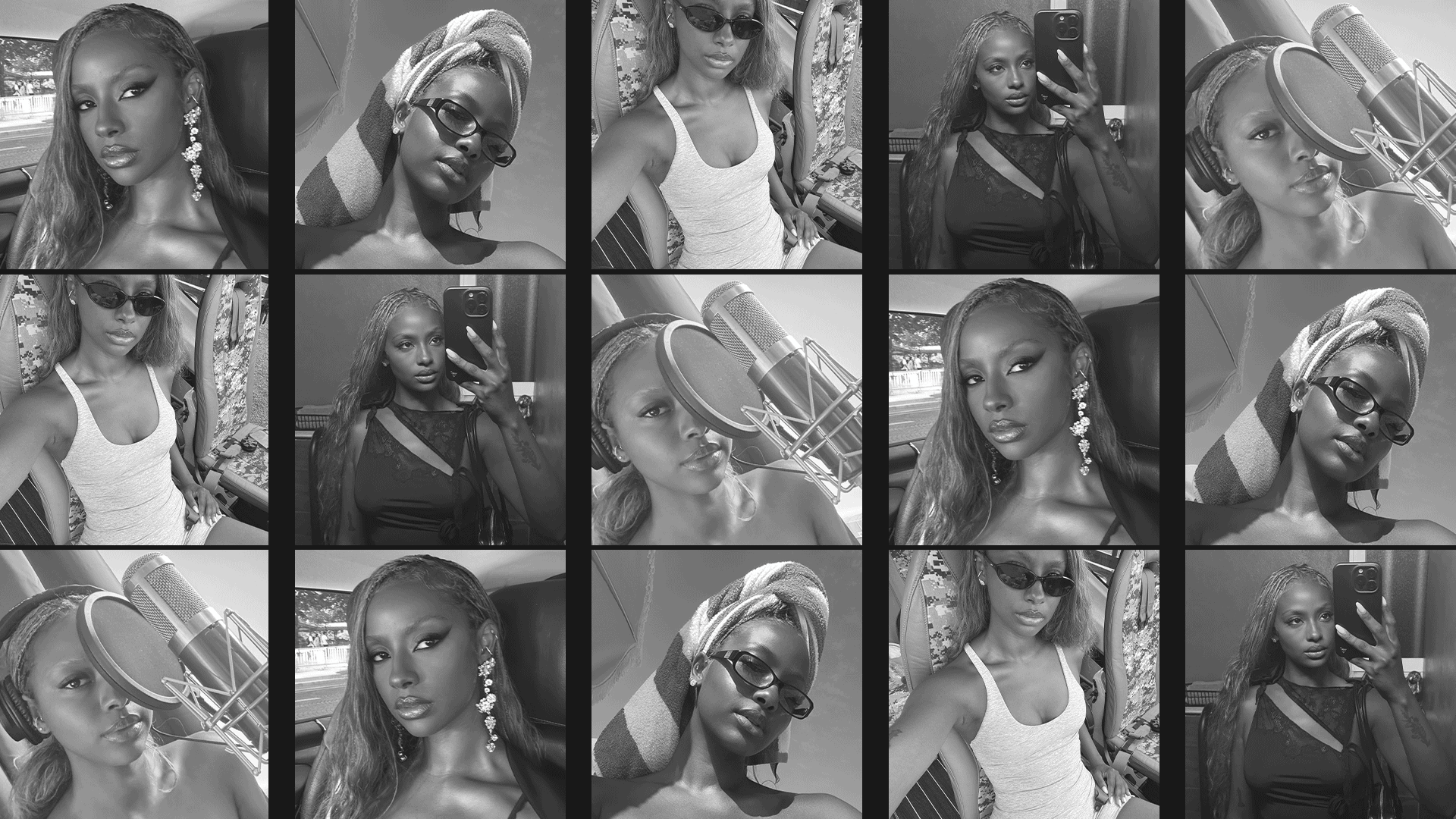 A collection of selfies of Justine Skye designed to look like a Camera Roll gallery on an iPhone.