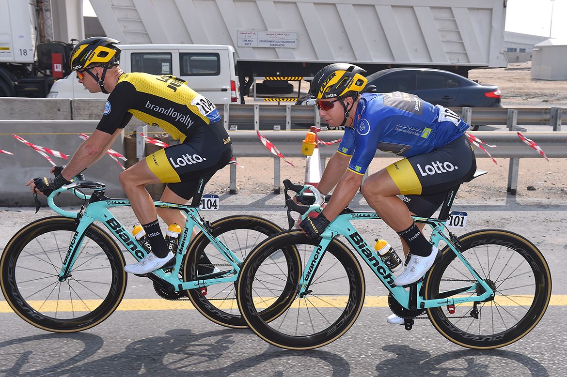 Dylan Groenewegen in blue after winning the opening stage