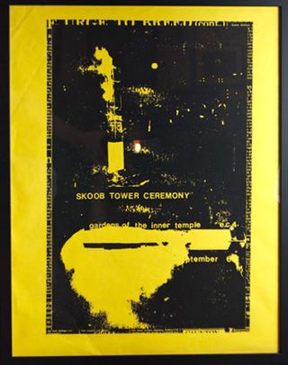 A poster for a John Latham Skoob ’happening’ (where discarded books were piled and burnt) in London’s Inner Temple in 1966. ’Skoob’ is books backwards, the illustration is of a column of books burning.