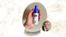 a marble backdrop with a circular image of a hand with red fingernails holding a white and purple bottle of K18 Airwash Dry Shampoo with lettering below reading sunday service and an image of fiona mckim with blonde hair and a black t shirt on, smiling 