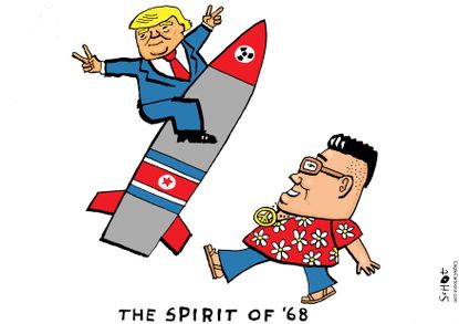 Political cartoon U.S. Trump Kim Jong-Un North Korea negotiations peace summer of 68