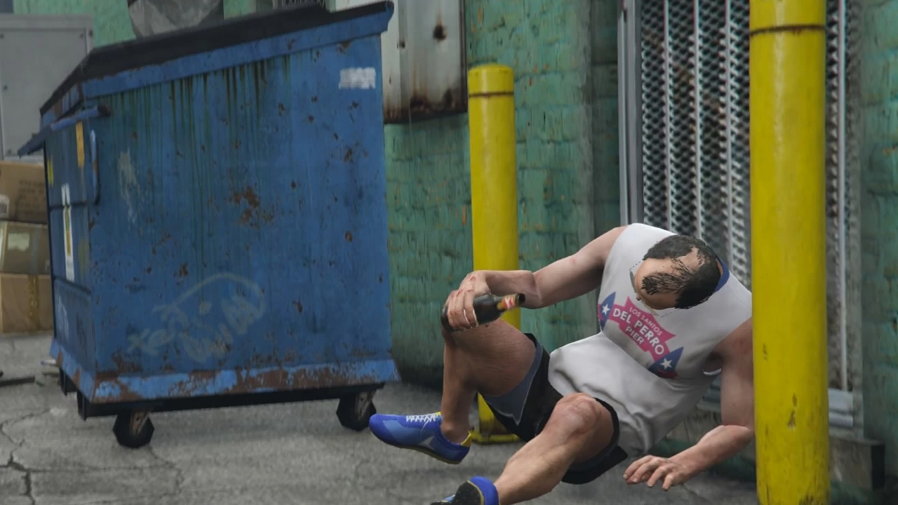 Trevor from GTA 5 collapsed by a dumpster drinking from a bottle thanks GTA 5 cheats