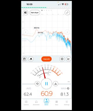 Decibel X screen shot during vacuum testing shows 60.9 decibels which it says is as loud as a hairdryer