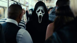 A Ghostface Killer on a subway train in Scream VI