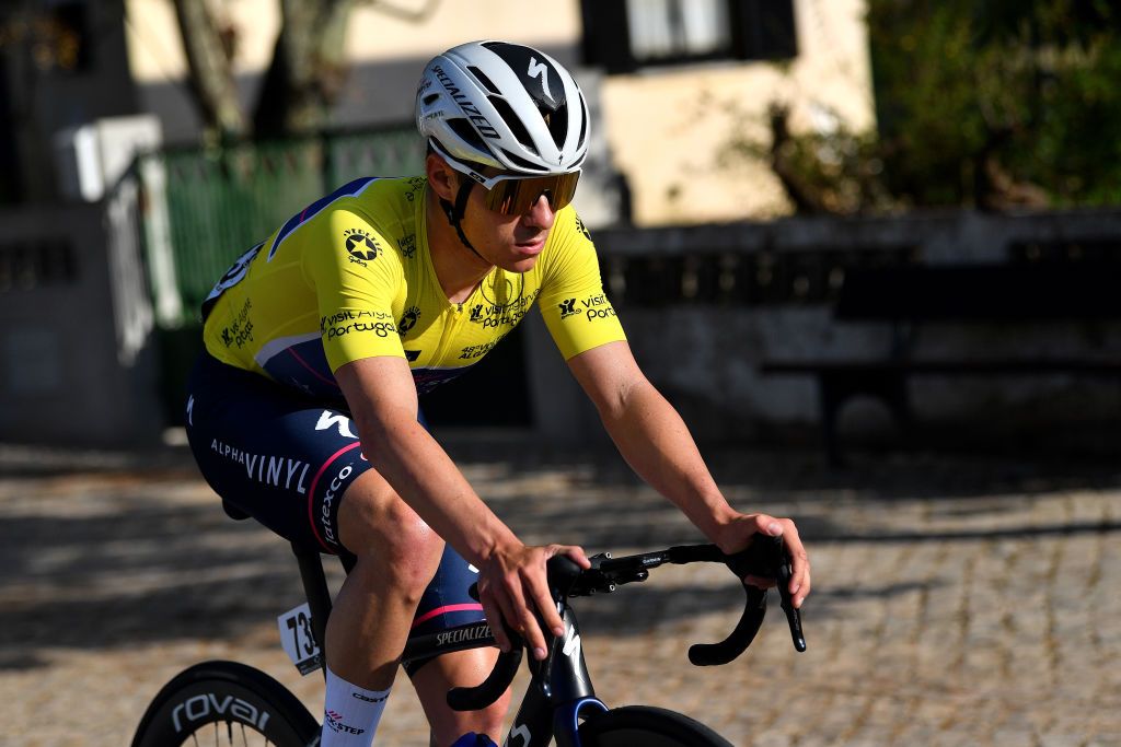 LOULE PORTUGAL FEBRUARY 20 Remco Evenepoel of Belgium and Team QuickStep Alpha Vinyl yellow leader jersey competes during the 48th Volta Ao Algarve 2022 Stage 5 a 173km stage from Lagoa to MalhoLoul 514m VAlgarve2022 on February 20 2022 in Loule Portugal Photo by Luc ClaessenGetty Images