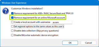 Click Remove requirement for an online Microsoft account