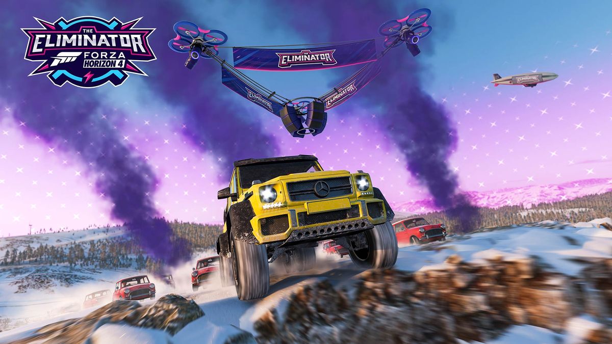 Forza Horizon 4's Eliminator mode screenshot showing a yellow monster truck racing across rocky snow-covered terrain, pursued by three red vehicles in the background.