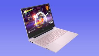 Pink HP Victus 15 gaming laptop facing right against blue gradient background