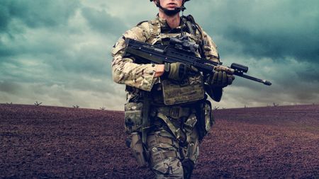 Photo illustration of a British soldier on patrol in Ukraine