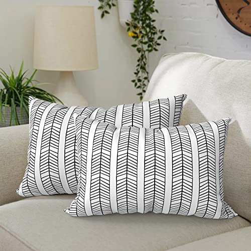 Dytxiii Pack of 2 Waterproof Outdoor Lumbar Pillow With Inserts, Rectangle Decorative Patio Throw Pillow for Home, Sofa,bench and Patio Furniture (12 X 20 In,herringbone Black White)