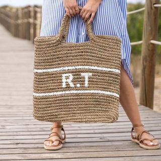 monogram woven beach bag