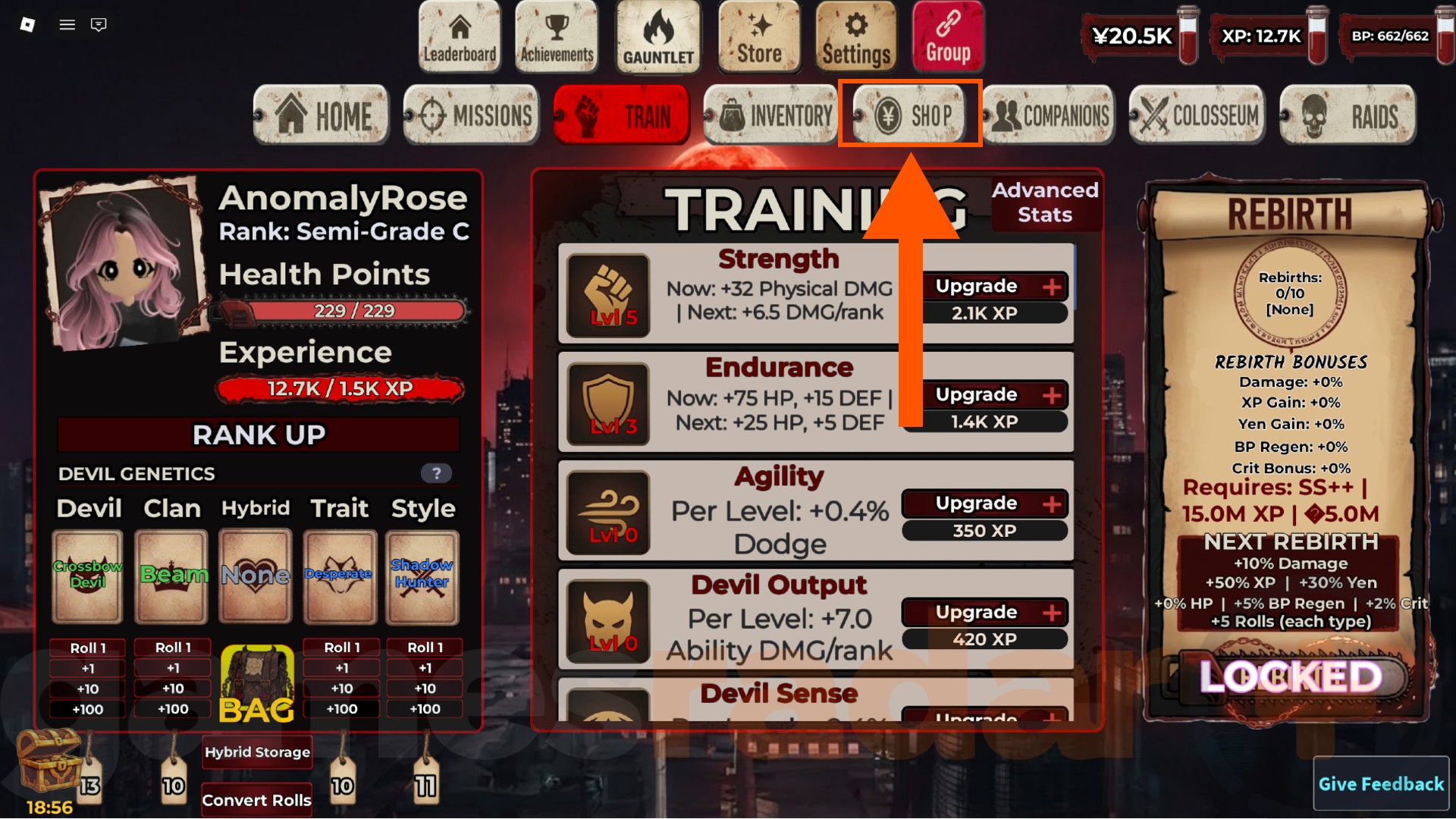 The shop tab for redeeming Chainsaw Man Incremental codes.