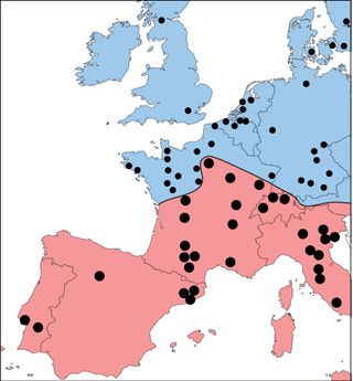 This map shows the medieval distribution of the common furniture beetle (northern Europe, in blue) and the Mediterranean furniture beetle (southern Europe, in red). Today, the beetles coexist across western Europe.