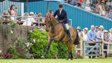 Katie Jerram Hunnable and First Receiver gallop along the front of the ring at the Hickstead Derby Meeting.