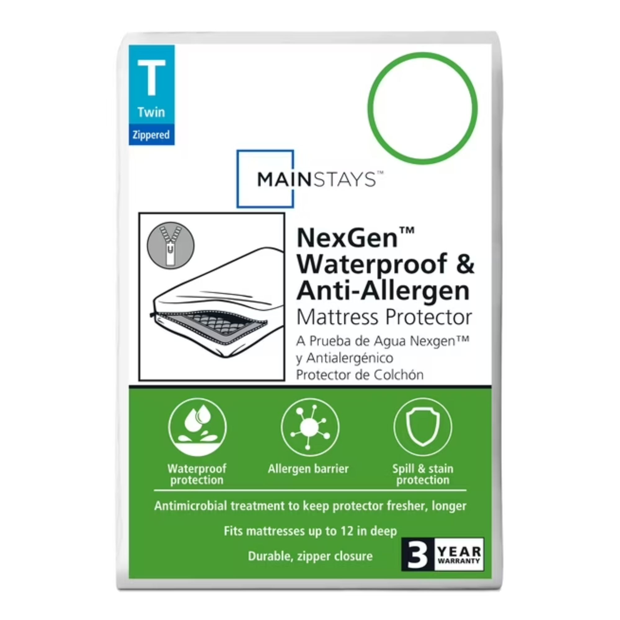 A mattress protector in white and green packaginh