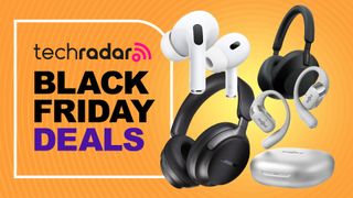 Apple, Bose, Sony and Shokz headphones and earbuds all sit with a sign saying Black Friday deals