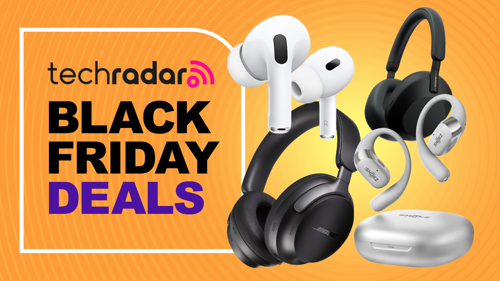 Apple, Bose, Sony and Shokz headphones and earbuds all sit with a sign saying Black Friday deals