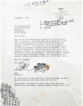 A letter from Saul Bass to Stanley Kubrick.