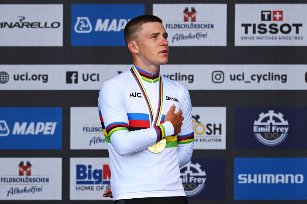 ZURICH, SWITZERLAND - SEPTEMBER 22: Gold medalist Remco Evenepoel of Team Belgium poses on the podium during the 97th UCI Cycling World Championships Zurich 2024 – Men's Elite Individual Time Trial a 46.1km one day race from Gossau to Zürich on September 22, 2024 in Zurich, Switzerland. (Photo by Dario Belingheri/Getty Images)