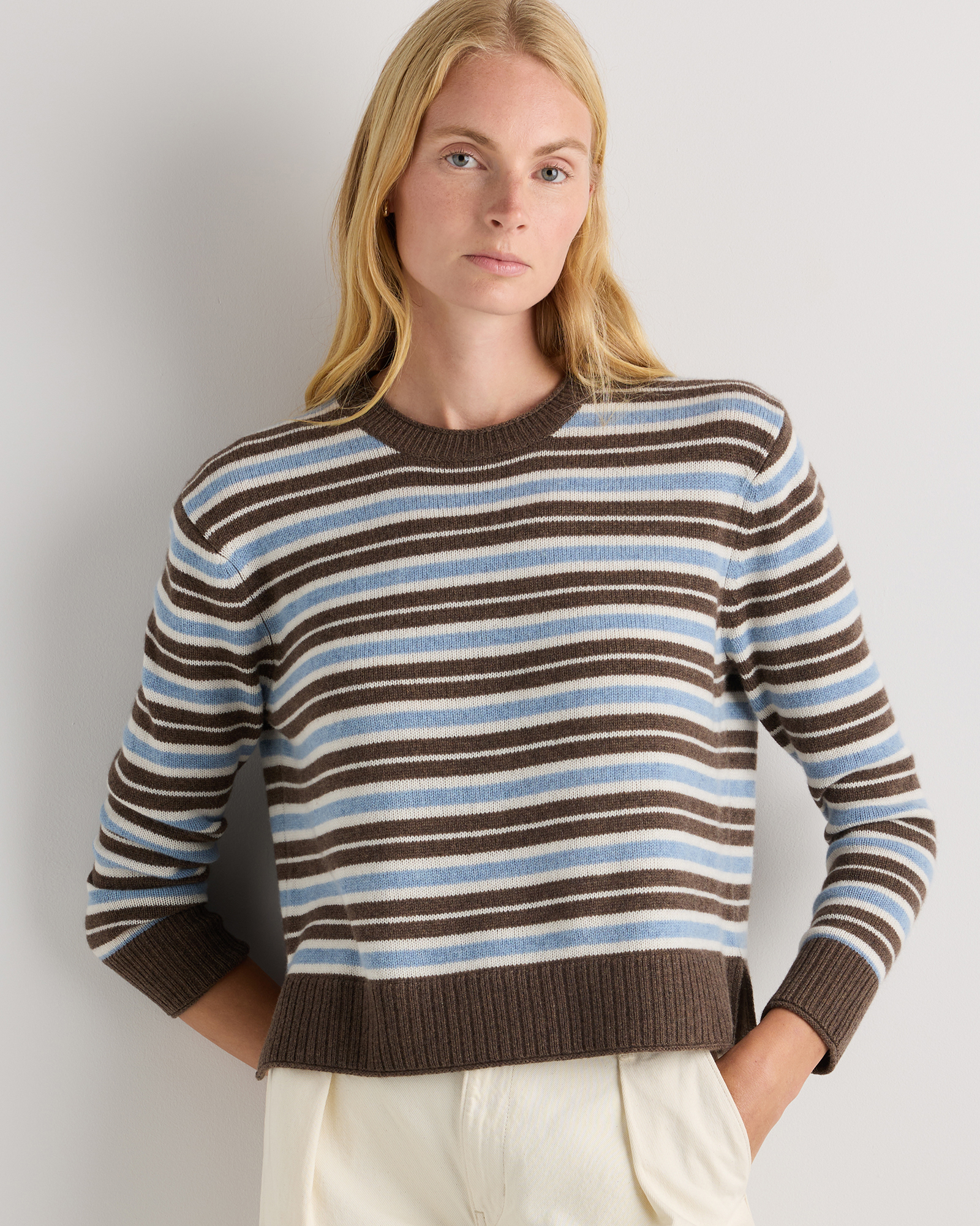 Mongolian Cashmere Boxy Crewneck Sweater in Faded Denim/brown/ivory Variegated Stripe