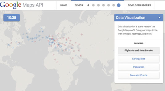 Google Maps visualisations now go beyond basic markers, as with this demo animating flights in and out of London