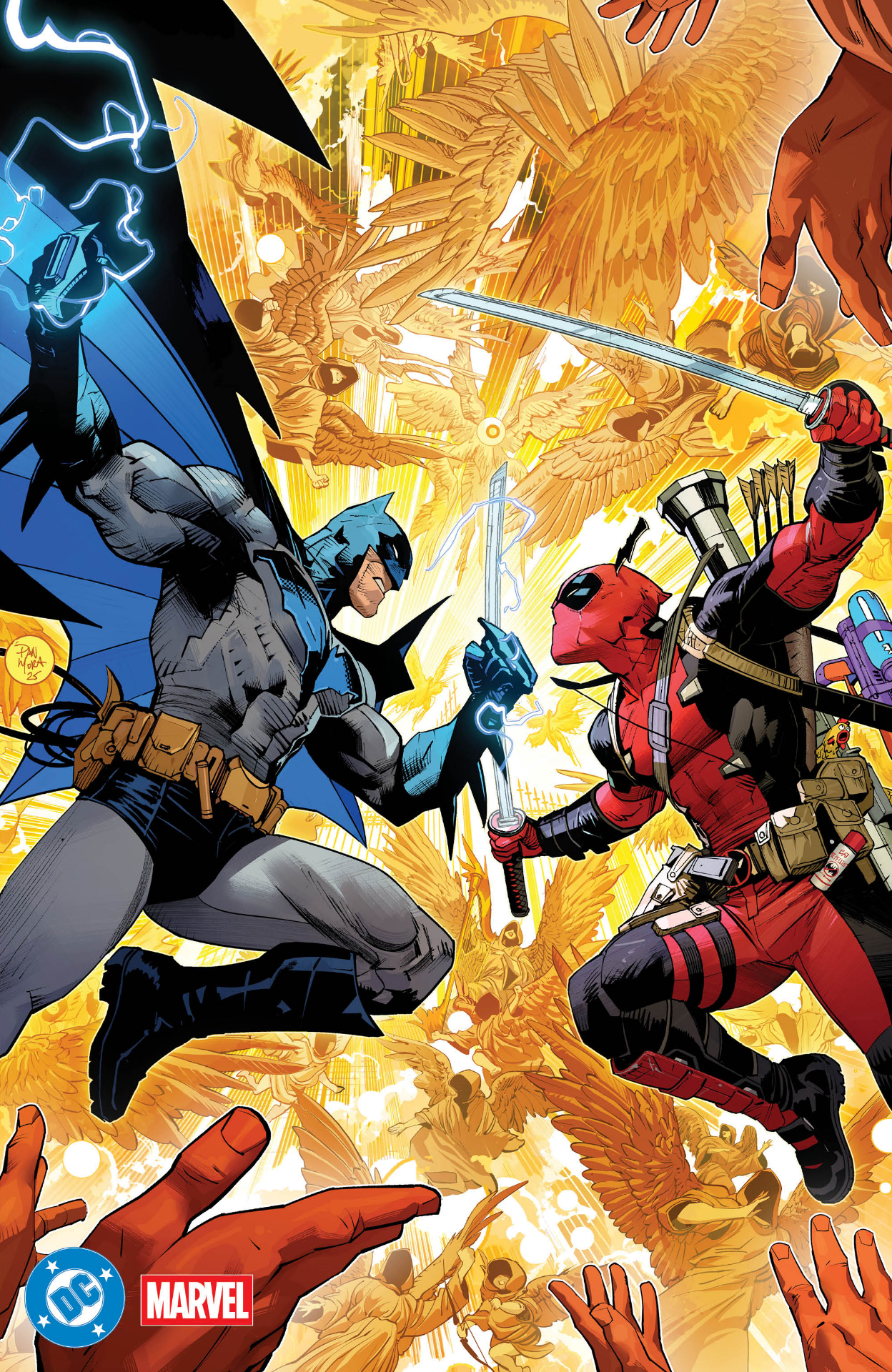 Batman and Deadpool leaping at each other