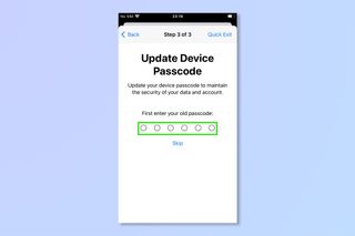 The update passcode screen of Safety Check