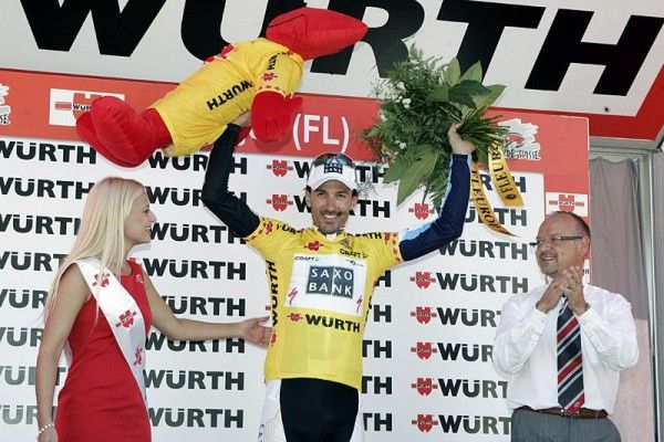 Fabian Cancellara (Team Saxo Bank) in yellow after winning the Tour de Suisse's opening stage.