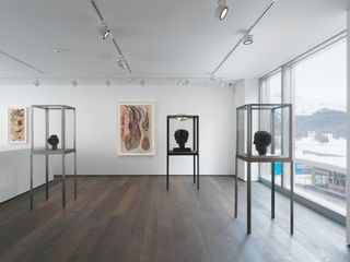 An art gallery featuring white walls and ceilings , white ceiling lights and dark wooden floors. 3 sculptures on display in a tall glass museum display case. On the right is a floor to ceiling clear glass window.