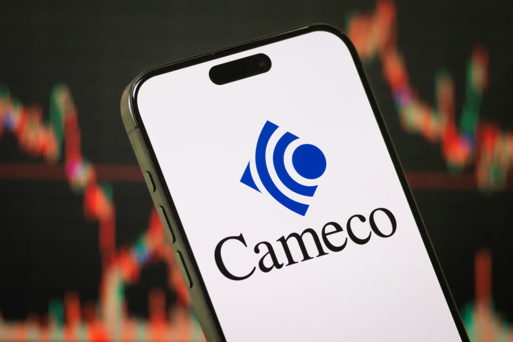 Mining stock Cameco's logo displayed on a smartphone screen