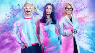 Glow Up Season 3: a stylised picture of Dominic Skinner, Maya Jama and Val Garland as an explosion of multi-coloured powder erupts behind them