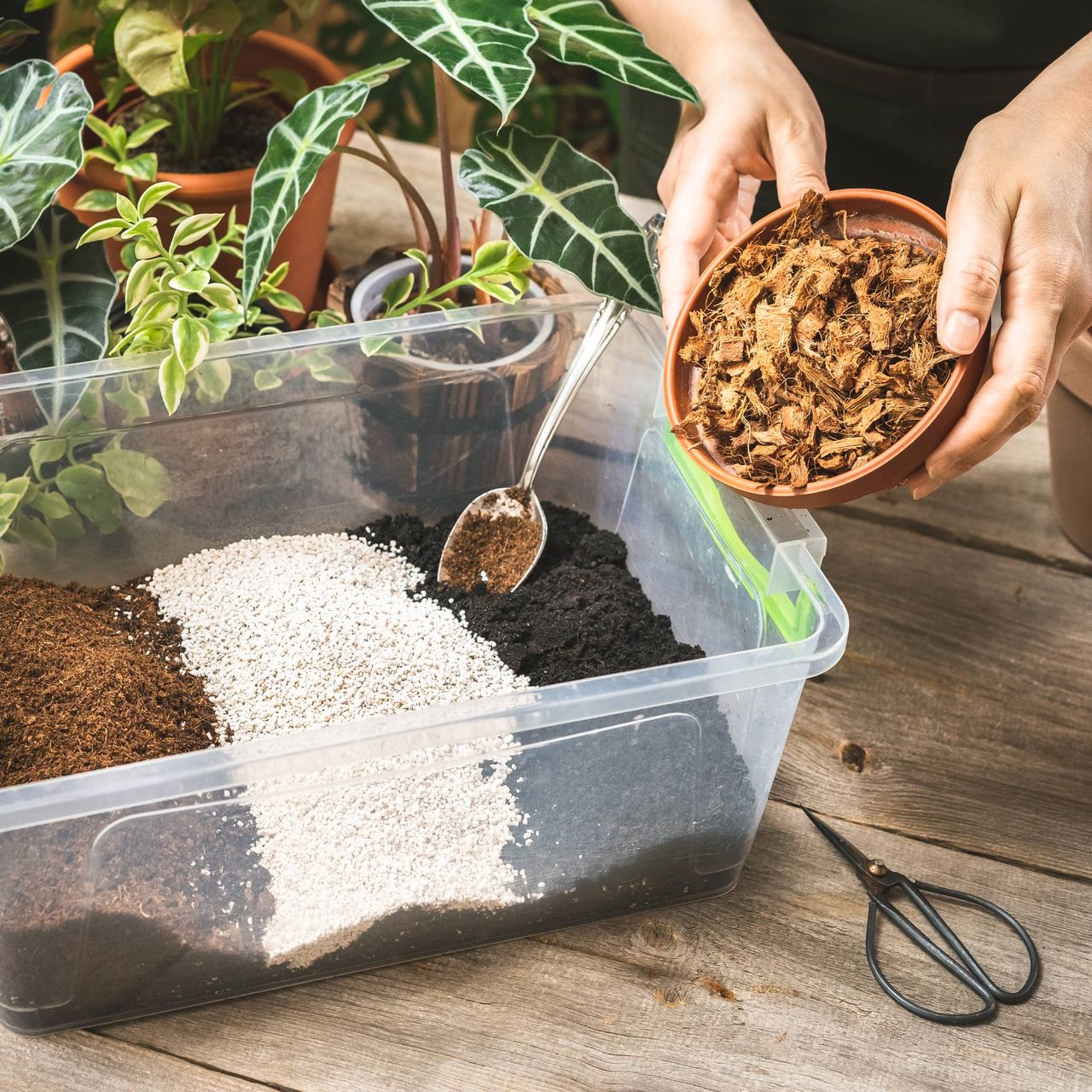 Soilless potting mix being made by gardener