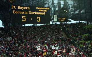 The scoreboard at Munich's Olympiastadion shows a 5-0 win for Bayern Munich against Borussia Dortmund in February 2005.