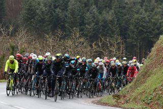 The peloton climbs during stage 3 at Paris-Nice before the snow started to fall.