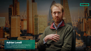 A screenshot from an HPE Clouded video showing Adrian Lovell, CTO of Financial Services Industry at HPE, speaking to the camera
