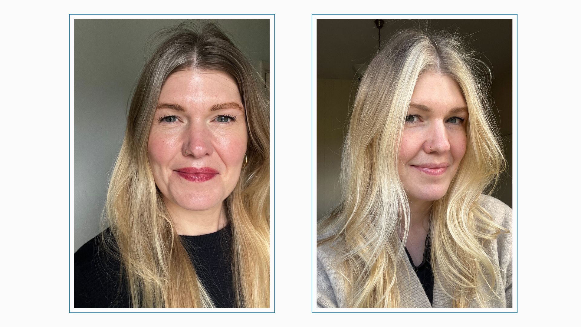 an image of fiona mckim with a grey streak at the front of her hair, then an image of the finished hairstyle with bright streaks at the front