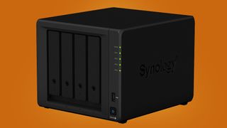 The Synology DS420 NAS drive on an orange background