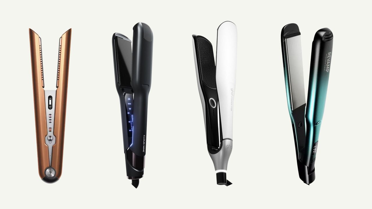 Collage of four pairs of the best straighteners for curly hair featured in this guide from (left to right) Dyson, Cloud Nine, ghd and Revamp, set against an off white background
