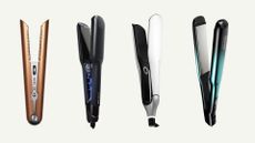 Collage of four pairs of the best straighteners for curly hair featured in this guide from (left to right) Dyson, Cloud Nine, ghd and Revamp, set against an off white background