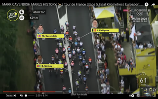Screenshots of the final kilometre of stage 5 when Mark Cavendish won his record 35th Tour de France stage win