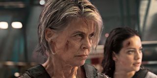 Terminator: Dark Fate Sarah Connor looking grimly off camera