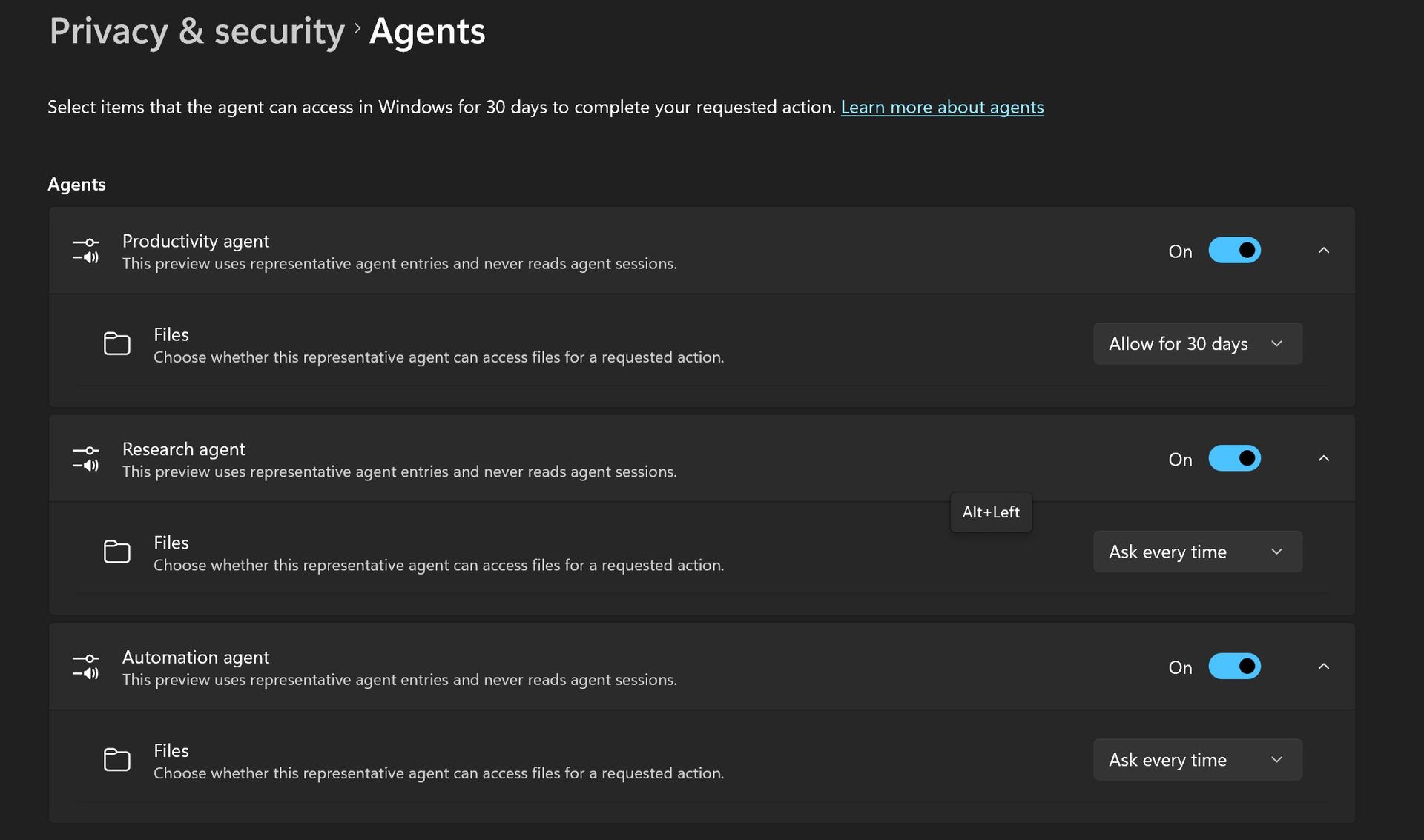 Agentic settings on Windows 11