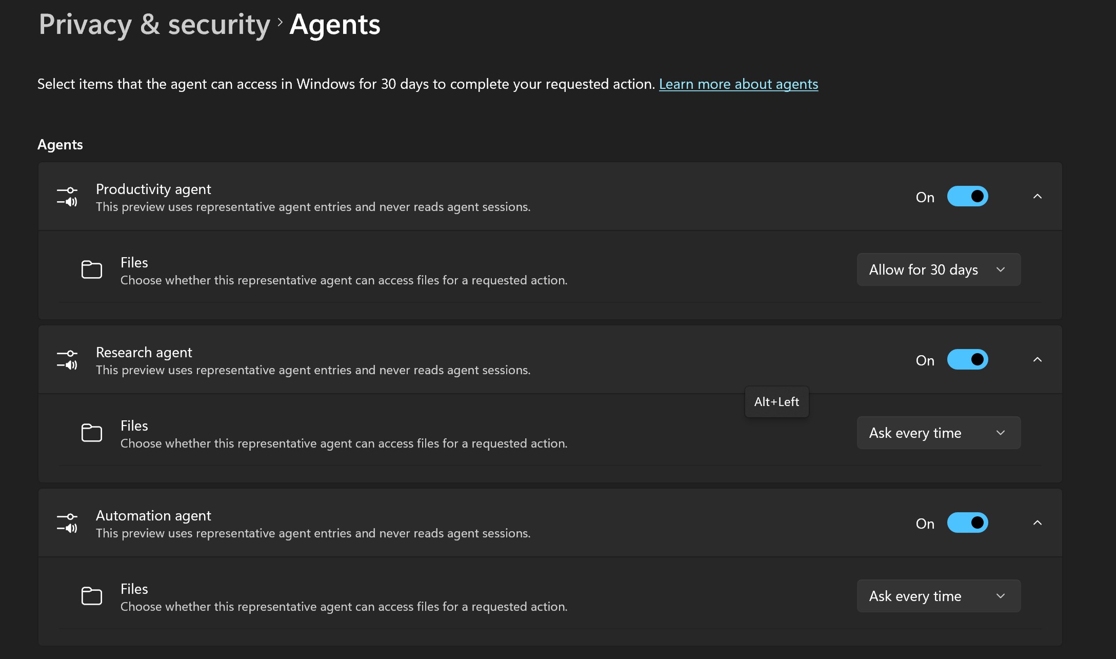 Agentic settings on Windows 11