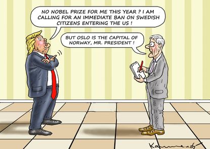 Political cartoon U.S. Trump Nobel prize Sweden Olso Norway