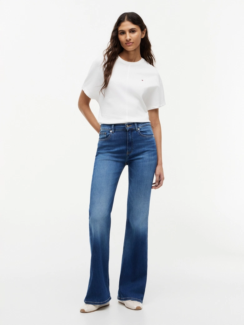 Whiskered Mid Rise Flared Jeans
