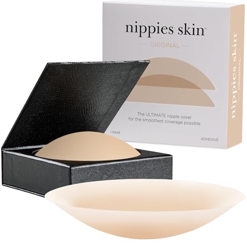 Nippies Nipple Covers for Women With Travel Case, Reusable Nipple Pasties With Skin-Safe Adhesive, Invisible Braless Solution Under Clothing - Original Circle Covers, Cr&amp;egrave;me, Size 1 (fits A-C Cups)